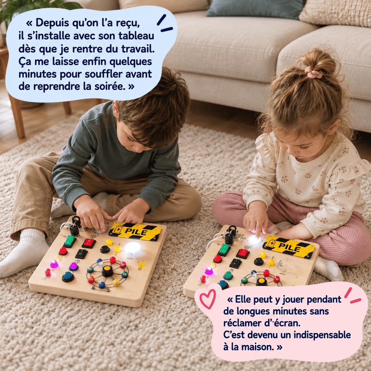 Deux enfants découvrent le tableau d’activités lumineux
